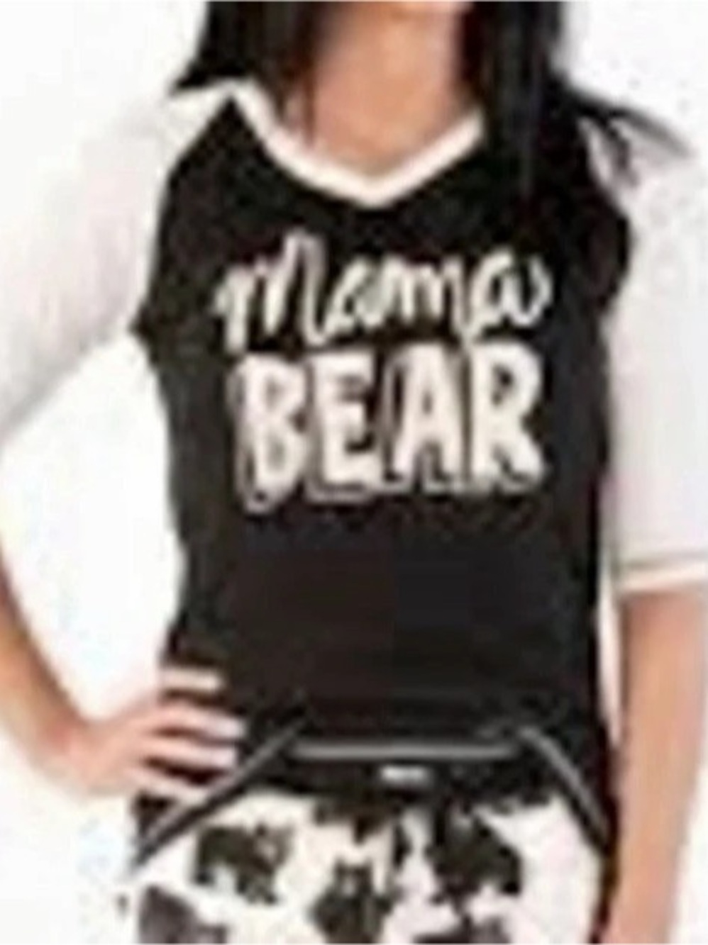 Lazy One Mama Bear Tee Raglan in Black & White XL